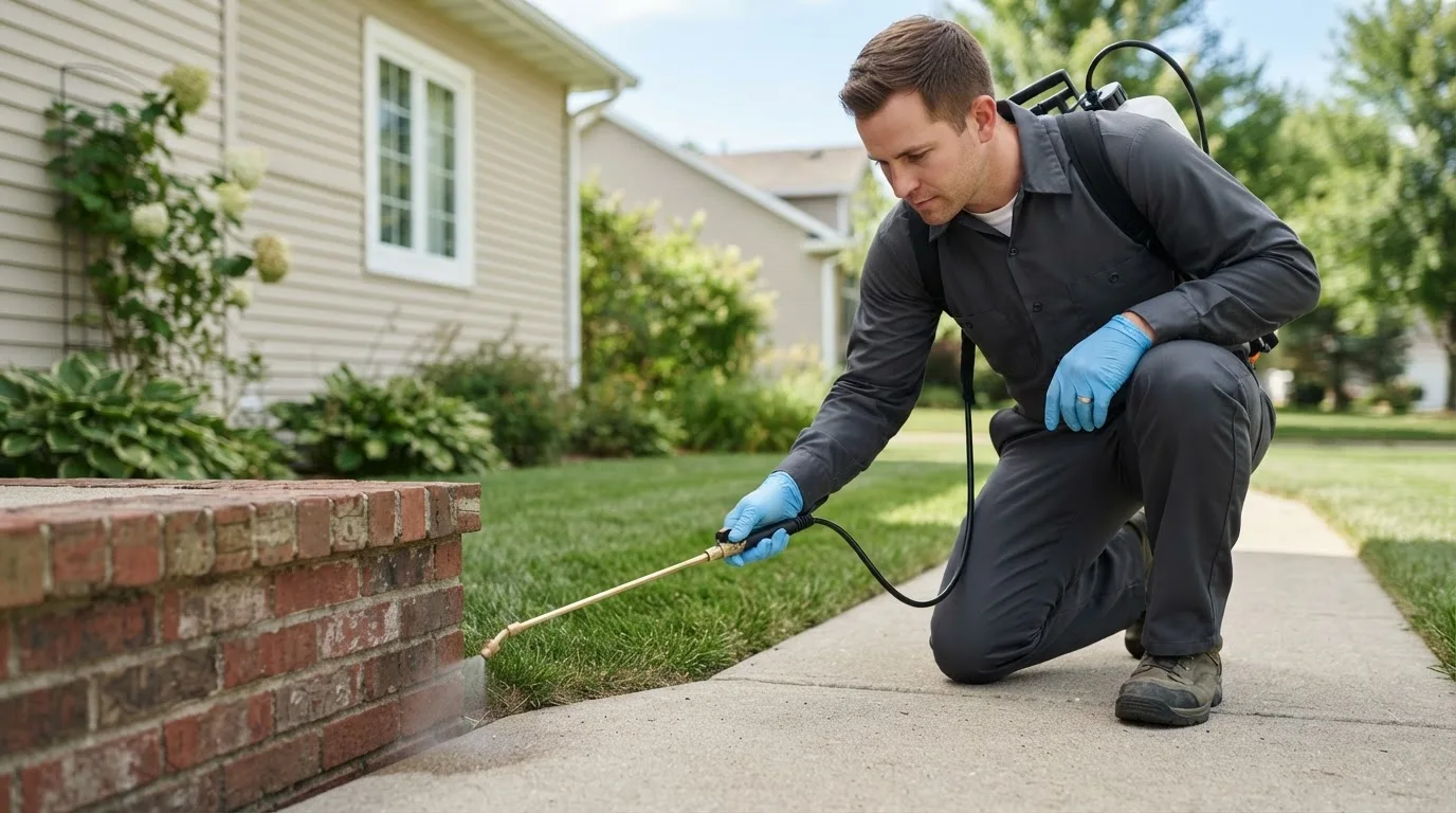 Pest control technician treating a home near Crestline, OH