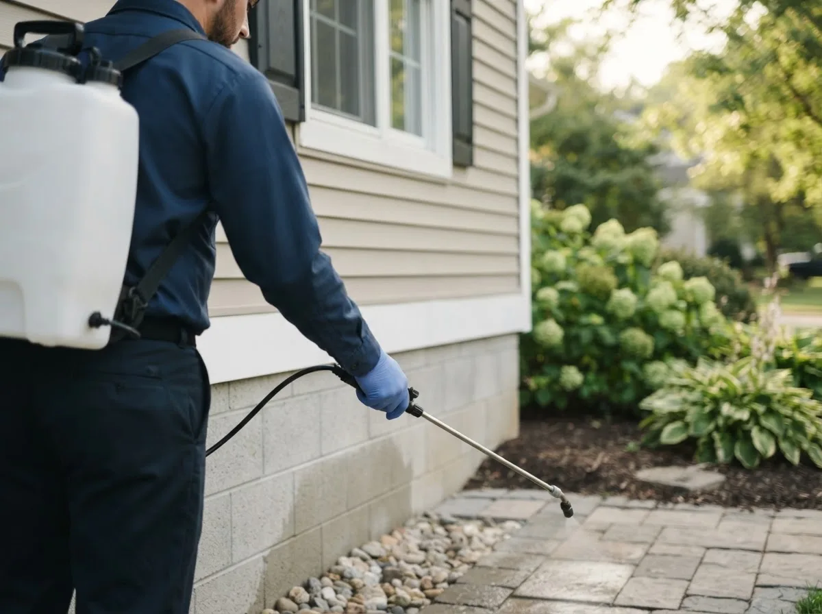 Pest control technician inspecting a home in Crestline, OH